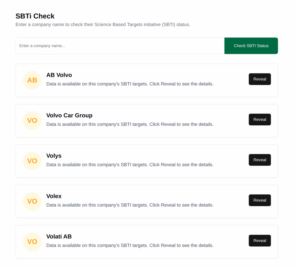 View of the SupplyCheck App user interface. This shows a list of suppliers to view their SBTi status.